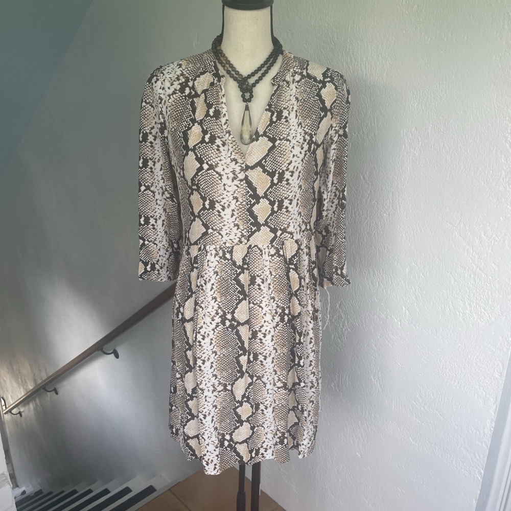 Anthropologie NWOT Maeve Juno Snake Print Brown Tan 3/4 Sleeve Dress Small